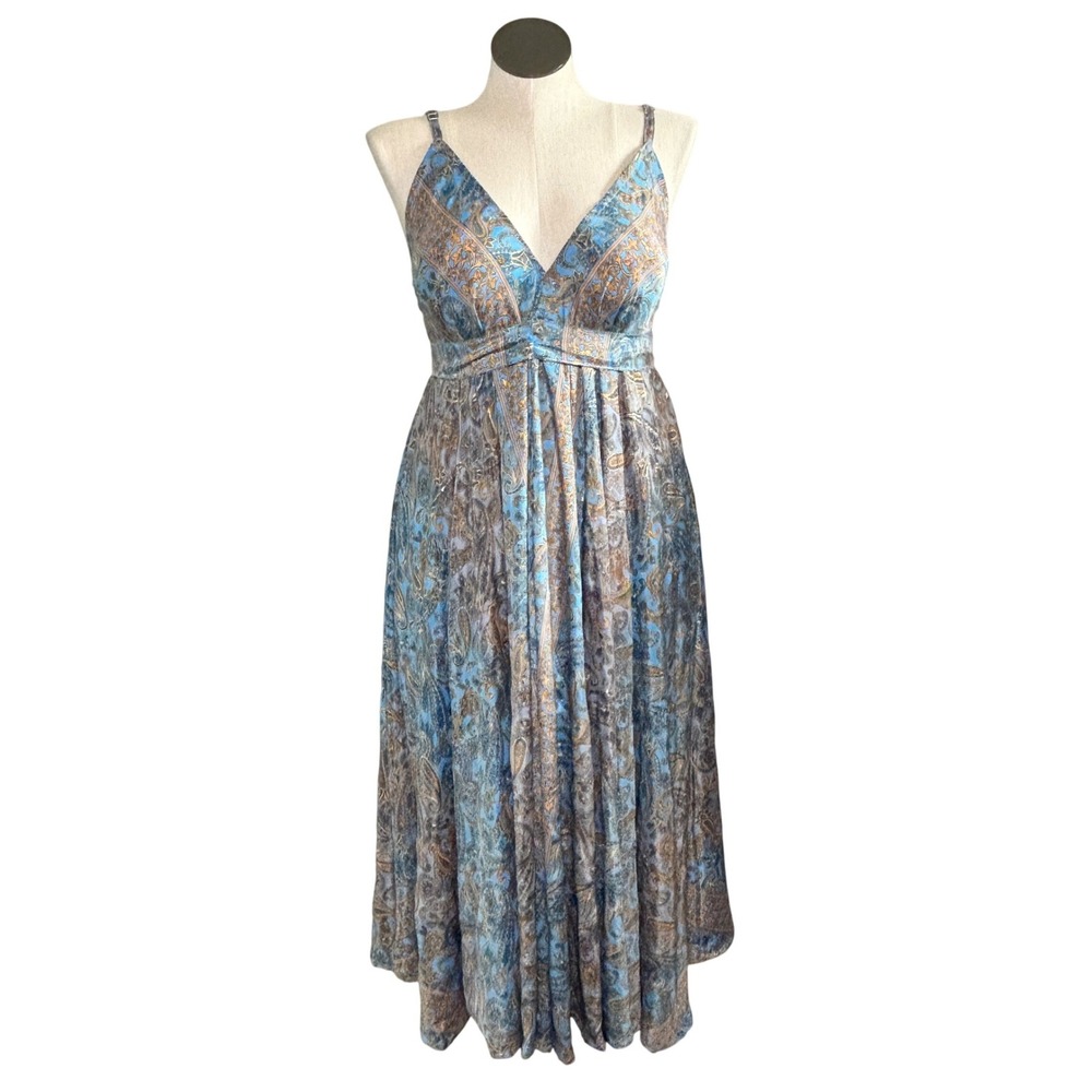 Advance Silk Blend Paisley Maxi Dress Blue Gold Metallic Boho One Size Fits Most